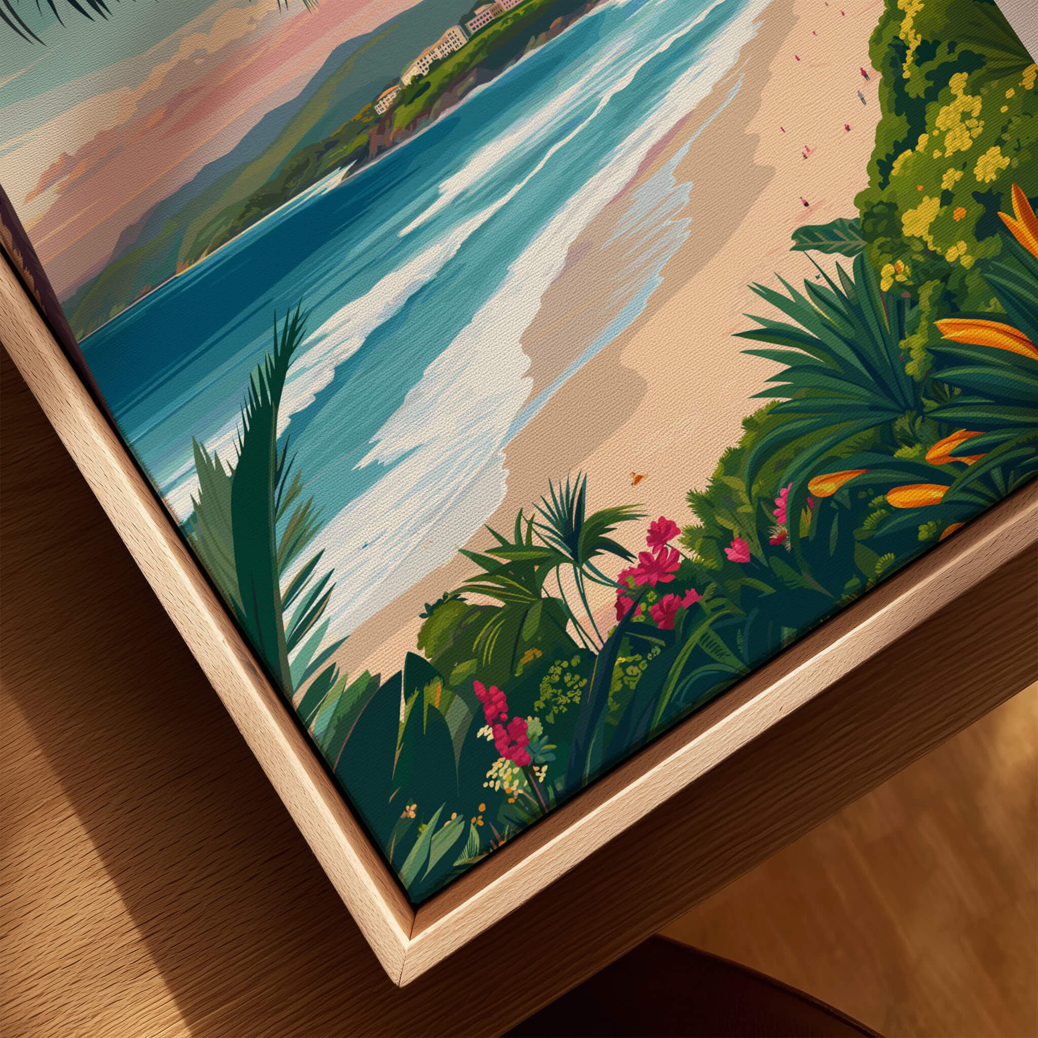 Byron Bay Australia Travel Poster showcasing vibrant coastal scenery, lush foliage, and pristine beaches.