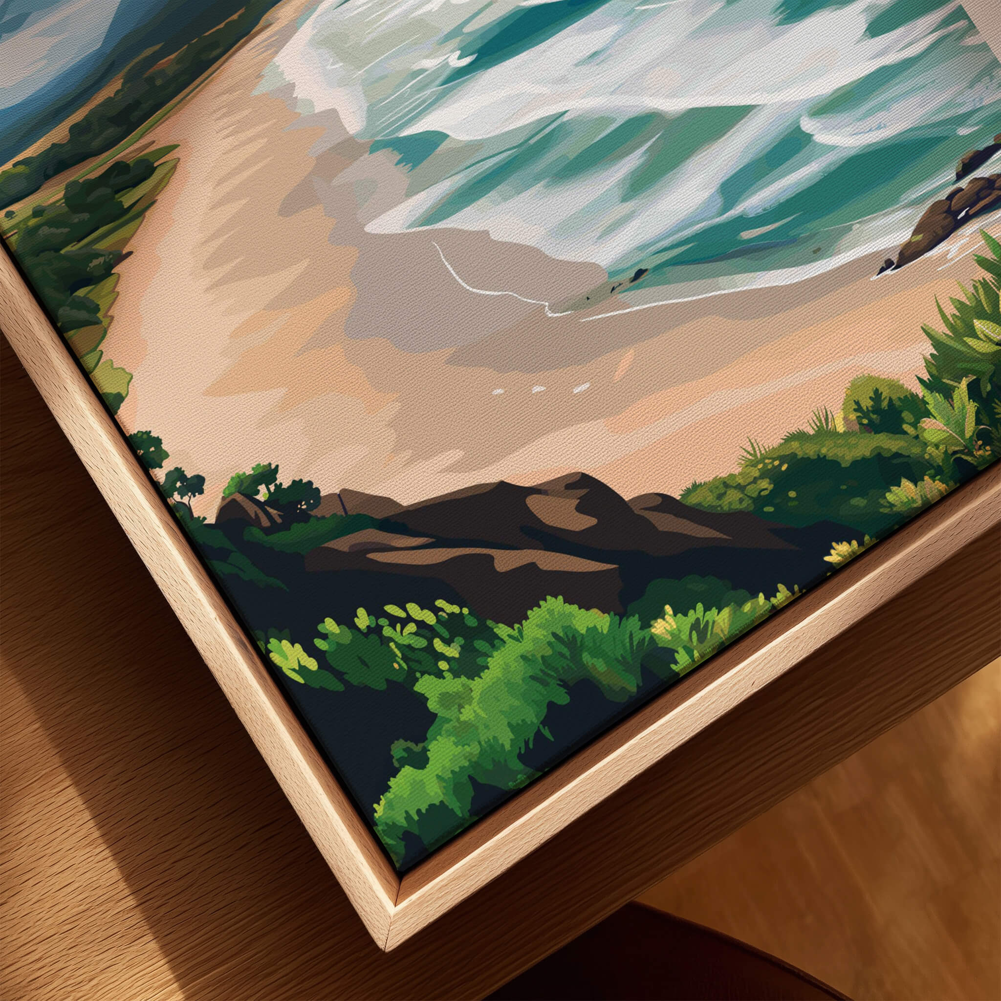 Byron Bay Beach Print - Australia Wall Art featuring vibrant coastal scenery and lush greenery.