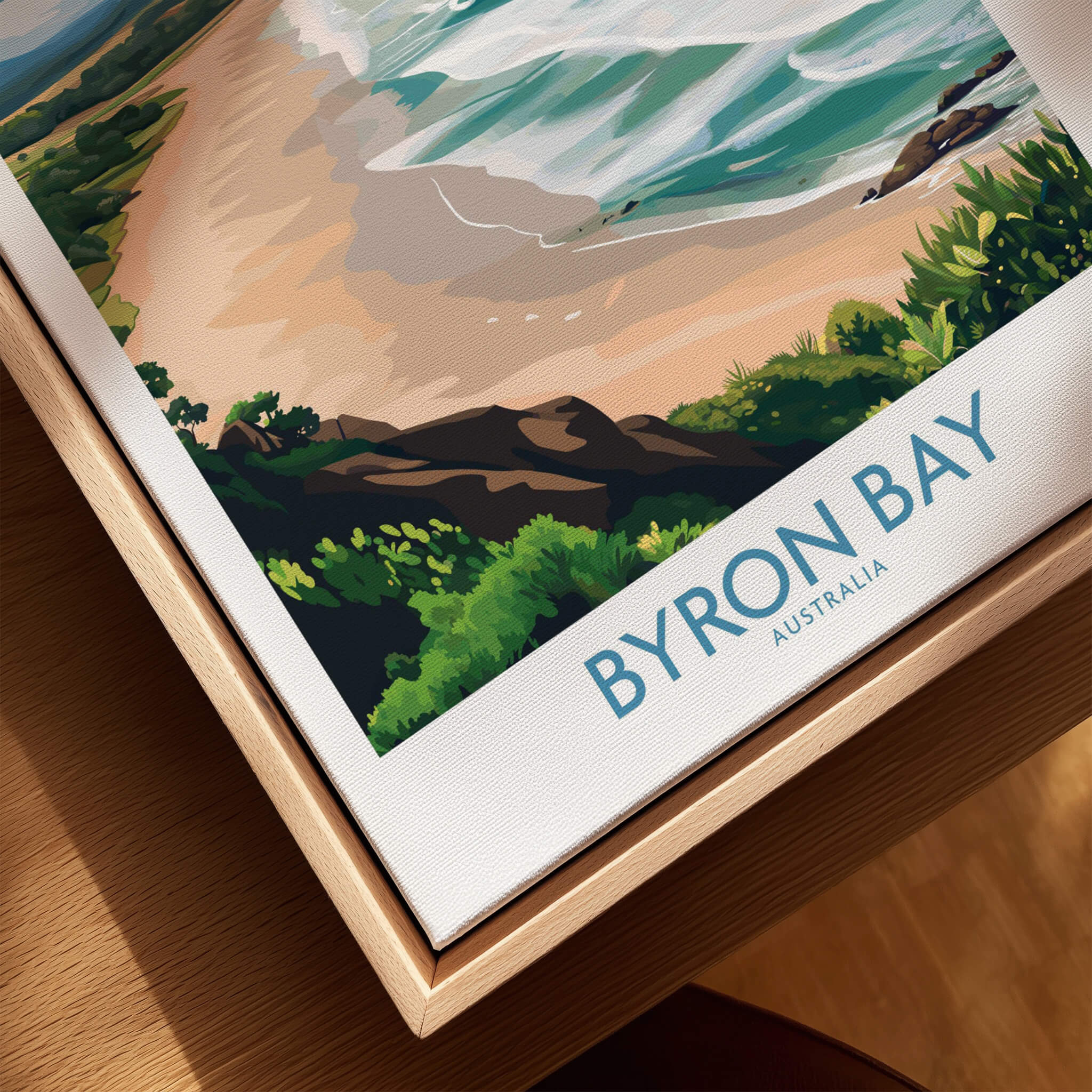 Byron Bay Wall Art Print Australia featuring coastal scenery and vibrant colors on a wooden frame.
