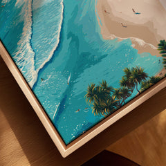 Byron Bay Art Print featuring aerial view of turquoise waters, sandy shores, and lush coastal vegetation.