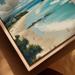 Byron Bay Poster - Canvas Beach Print showcasing a vibrant beach scene with golden sands and turquoise waters.