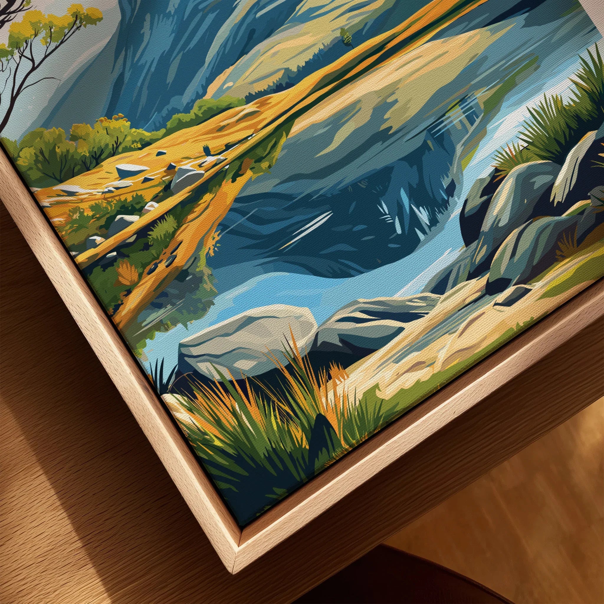 Close-up of framed landscape canvas print with mountains, rocks, lake, and greenery.