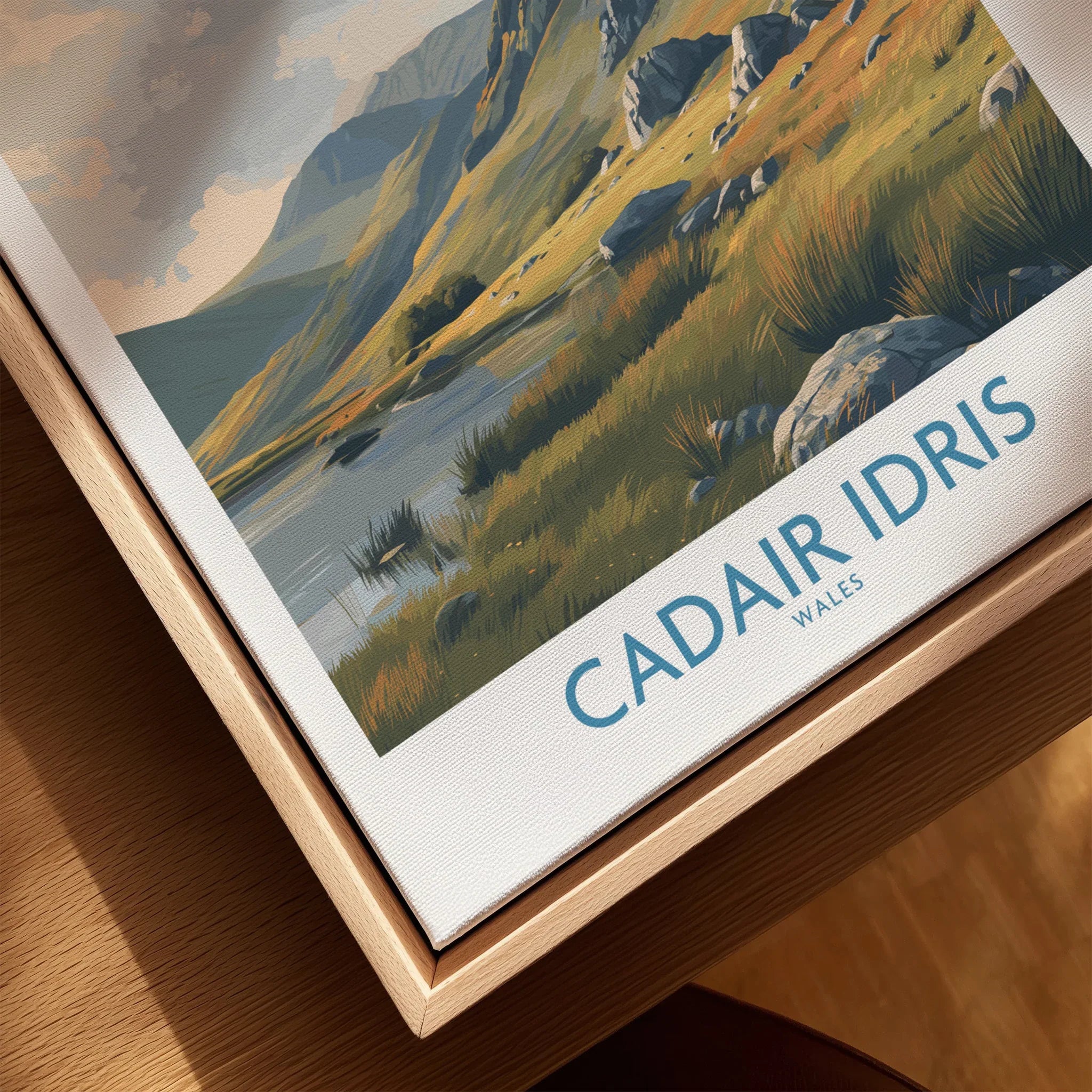 Close-up framed wall art print of Cadair Idris Wales landscape with wooden floating frame