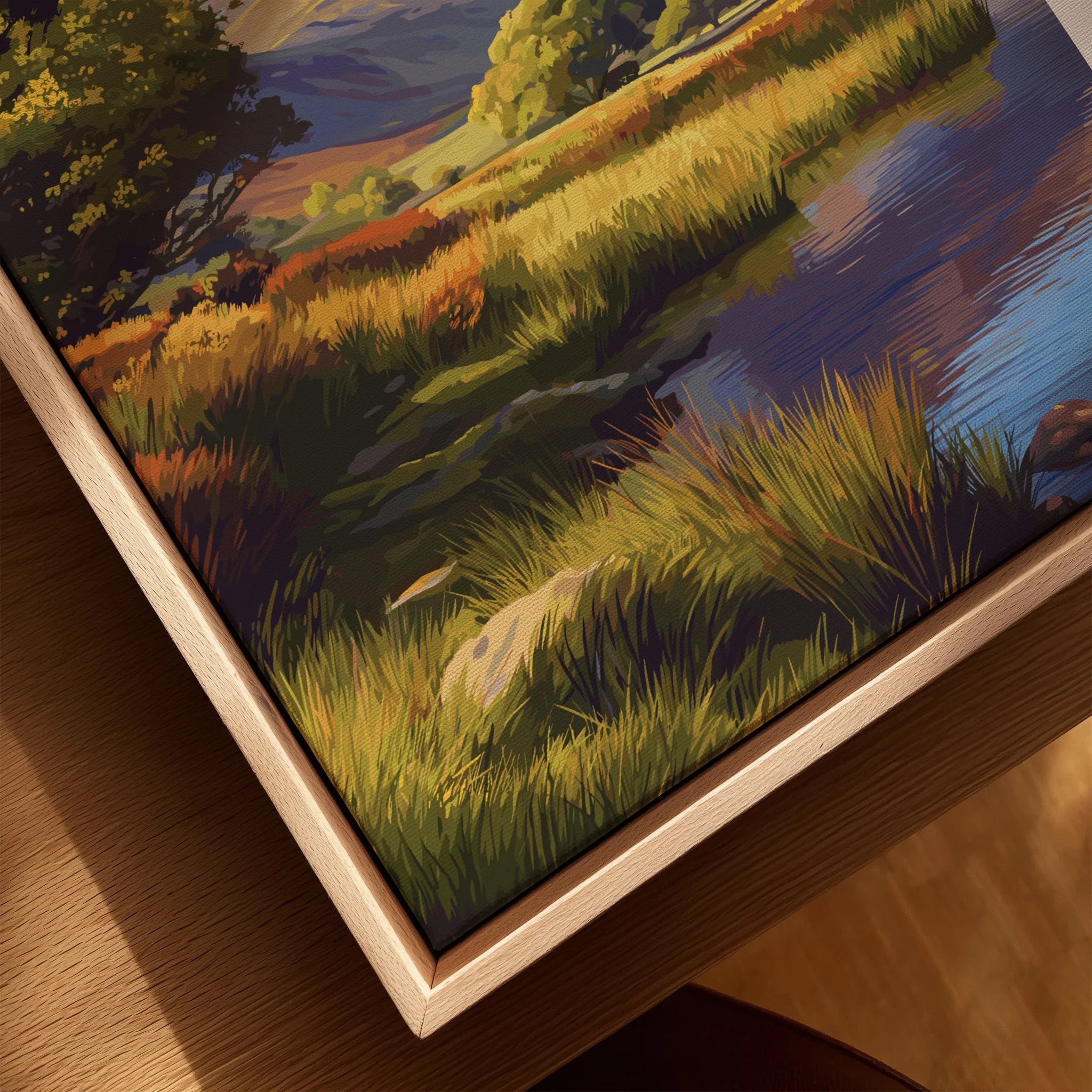 Close-up of framed canvas wall art depicting a colorful landscape with grass and a stream