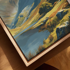 Close-up of landscape wall art print with natural wood floating frame, featuring mountains and lake.