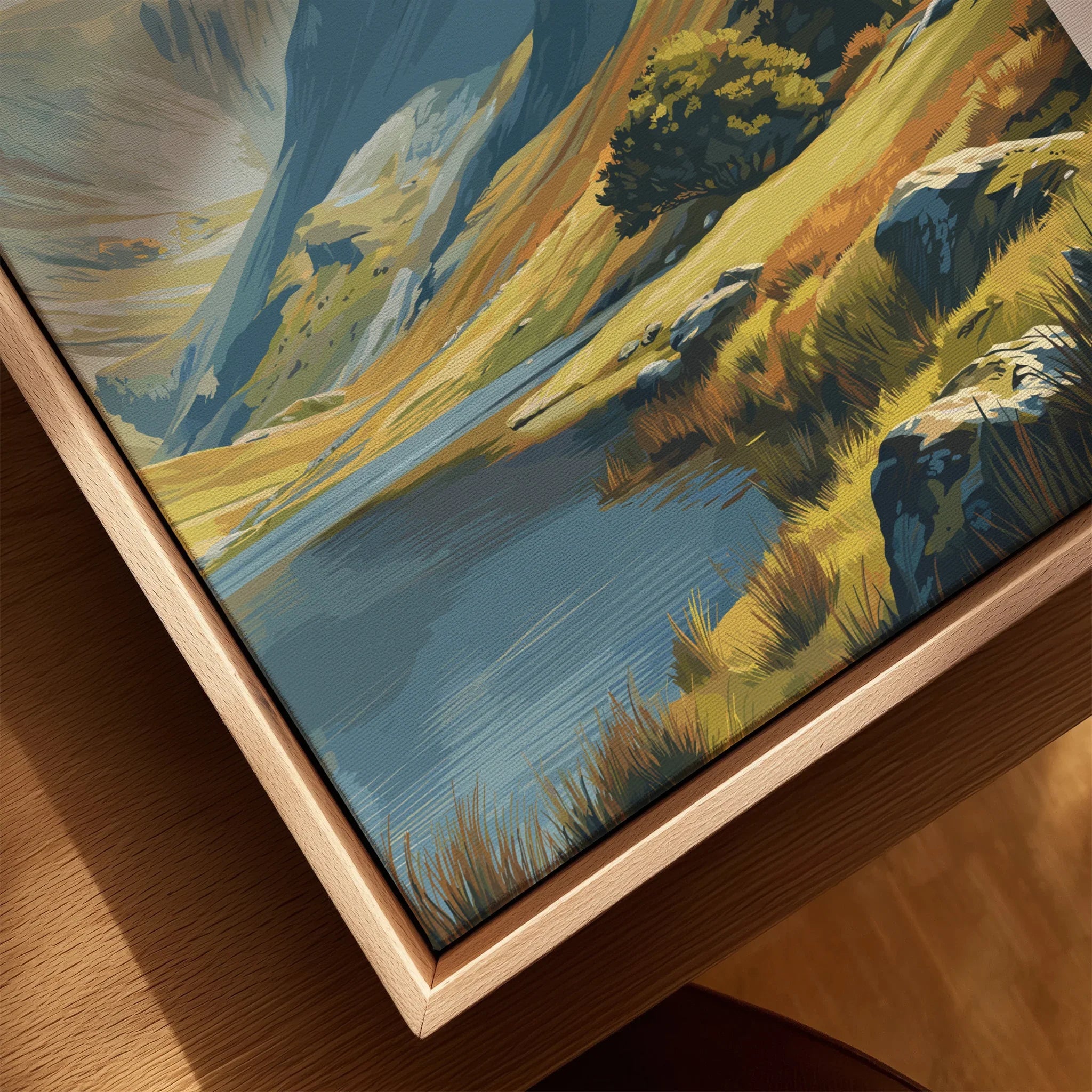 Close-up of landscape wall art print with natural wood floating frame, featuring mountains and lake.