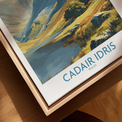 Close-up of Cadair Idris Wales landscape wall art in a natural wood floating frame