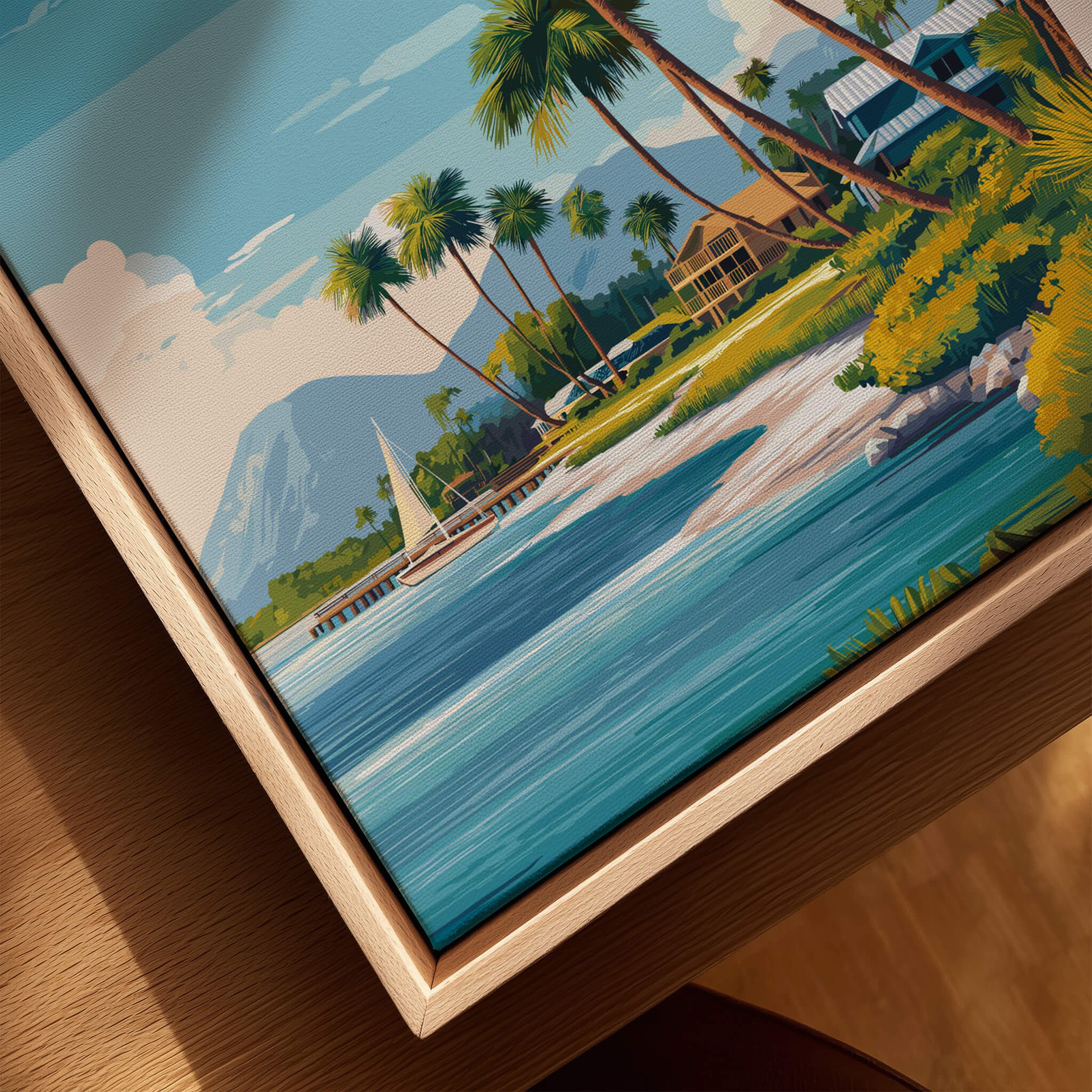 Captiva Island Travel Poster – Florida Beach Houses and Palm Trees Art featuring a scenic coastal view with palm trees.