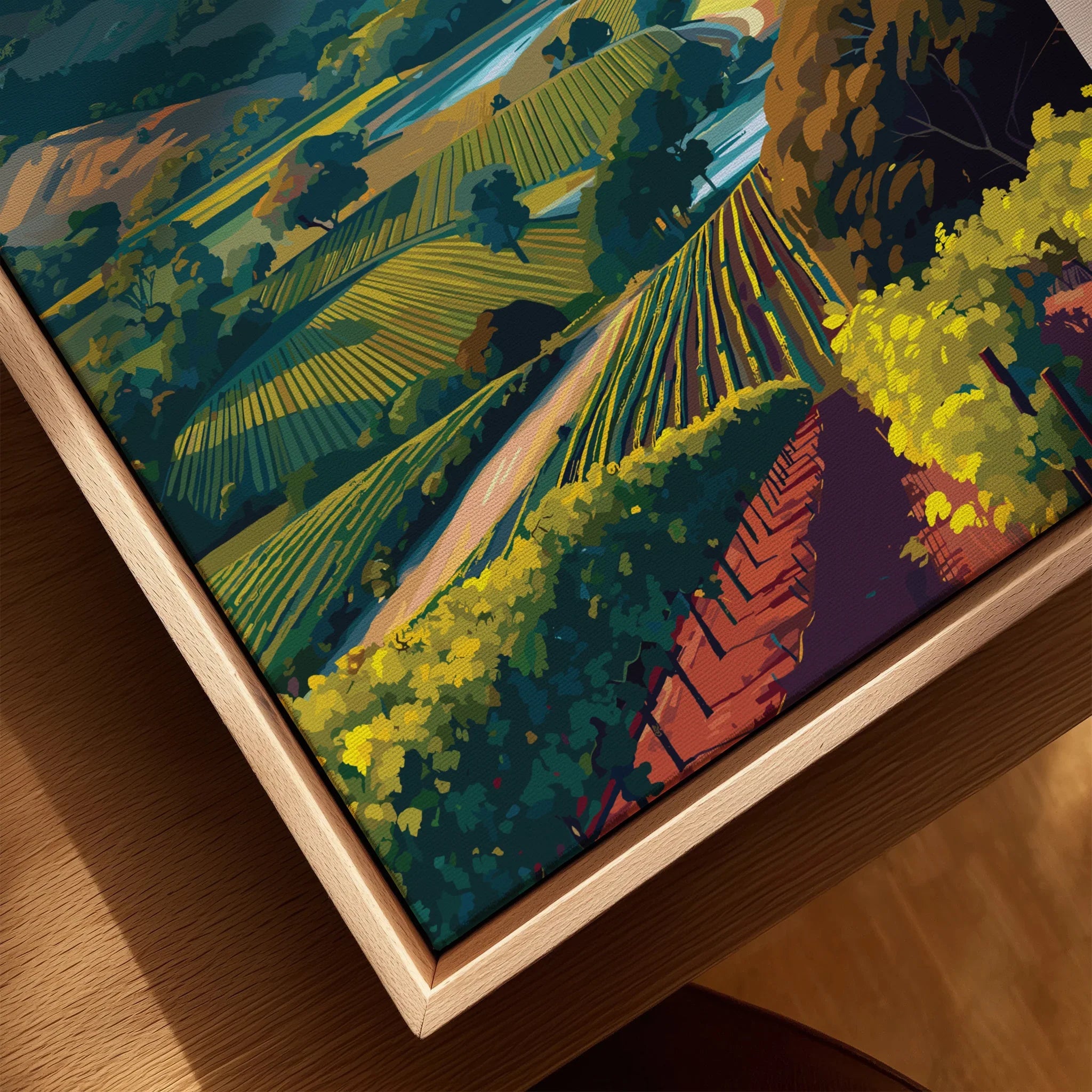 Closeup of framed canvas wall art featuring colorful hills and vineyards in a natural wood frame