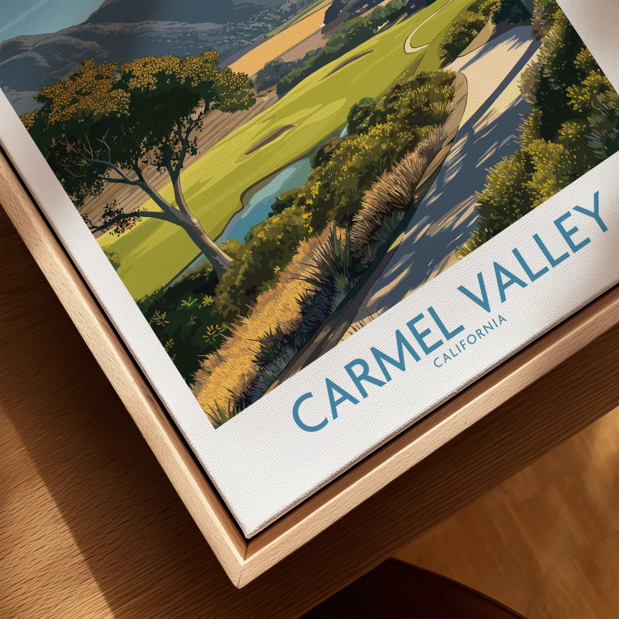 Close-up of Carmel Valley California travel poster in natural wood floating frame