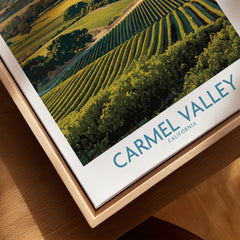 Framed canvas wall art of Carmel Valley vineyard landscape, natural wood floating frame