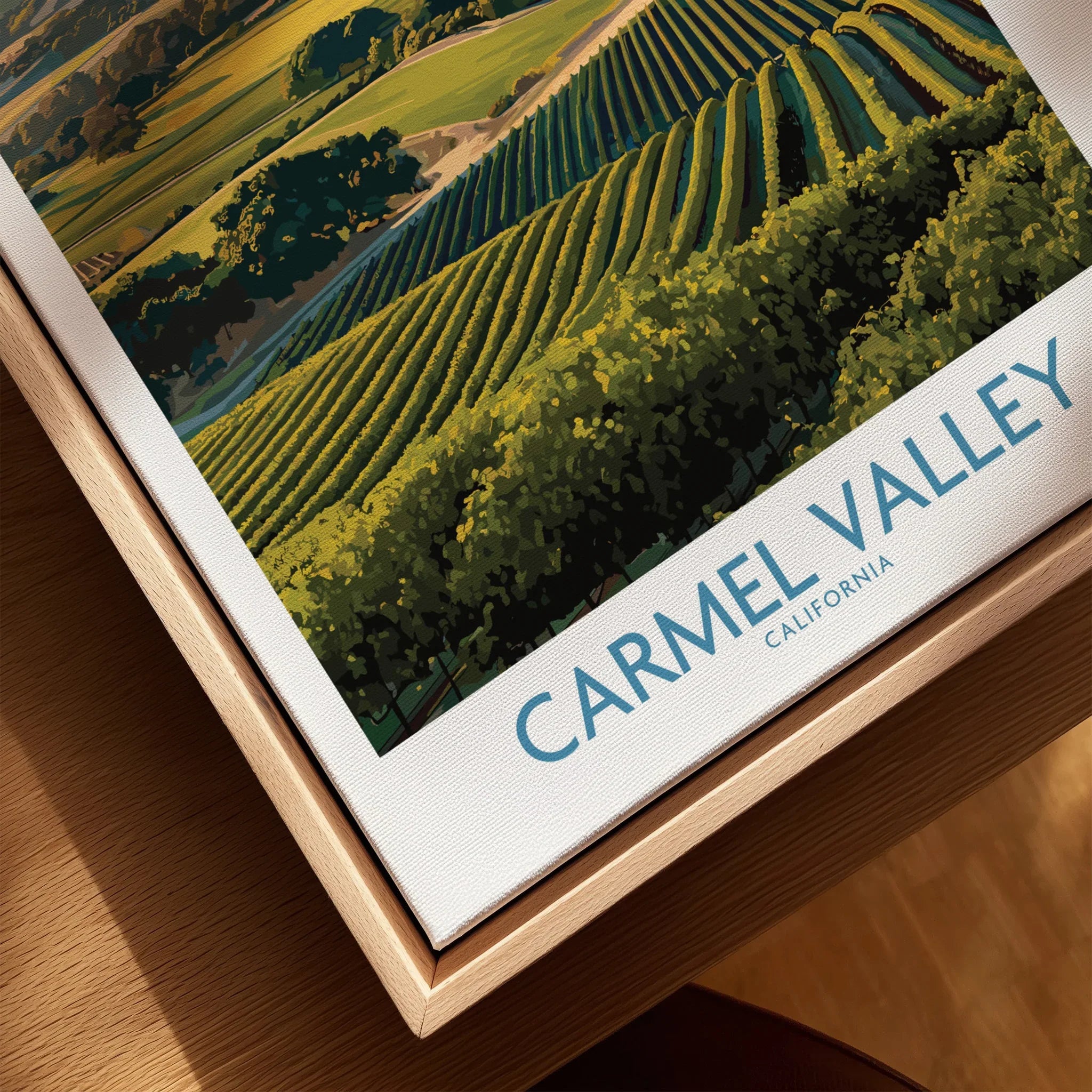 Framed canvas wall art of Carmel Valley vineyard landscape, natural wood floating frame