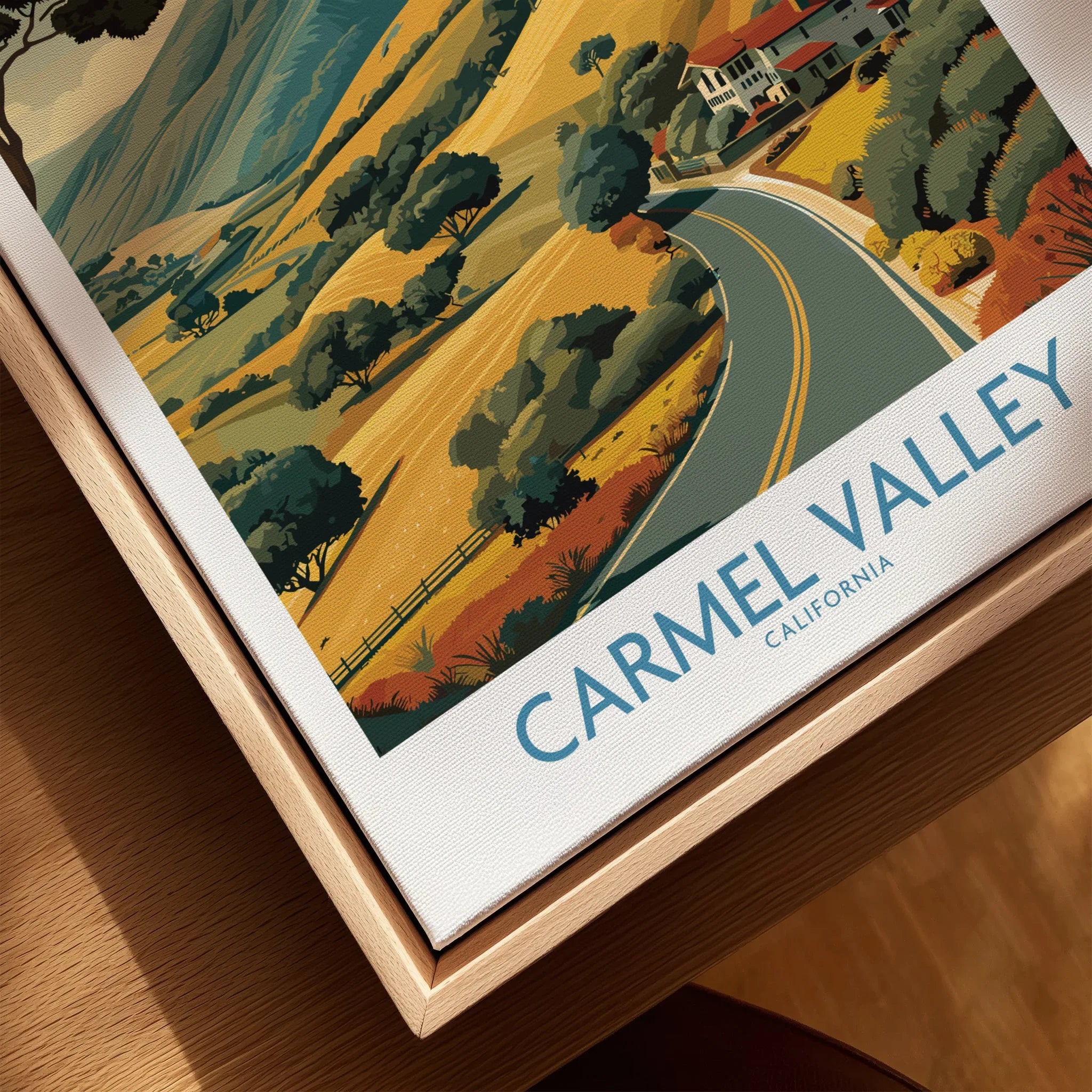 Carmel Valley California travel poster print in natural wood frame, scenic landscape art