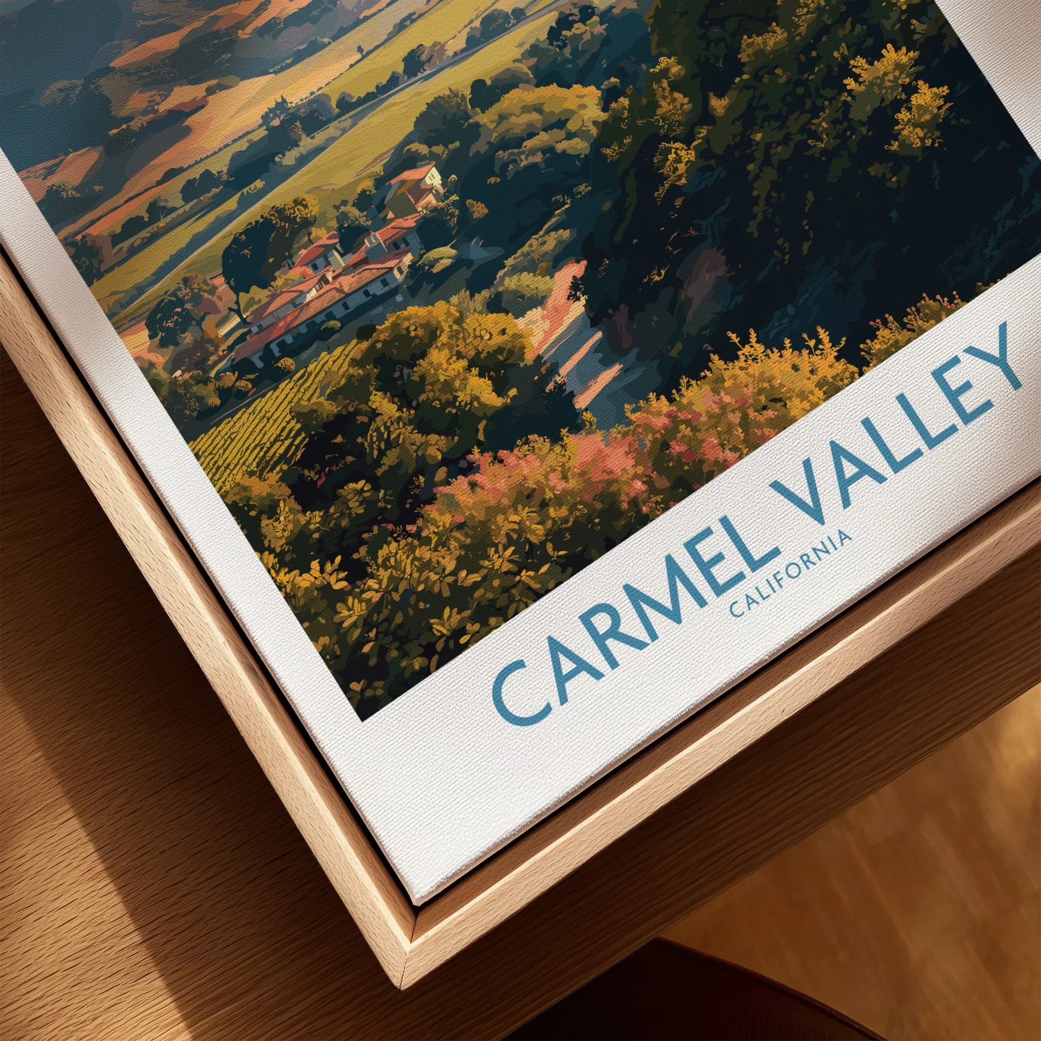 Framed Carmel Valley California travel poster print close-up with natural wood frame