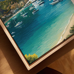 Closeup of Catalina Island travel poster art in natural wood floating frame, showing boats and coastline.
