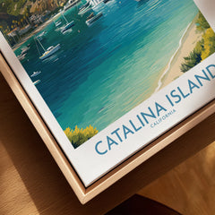 Catalina Island California travel poster framed canvas close-up with vibrant blue water and boats
