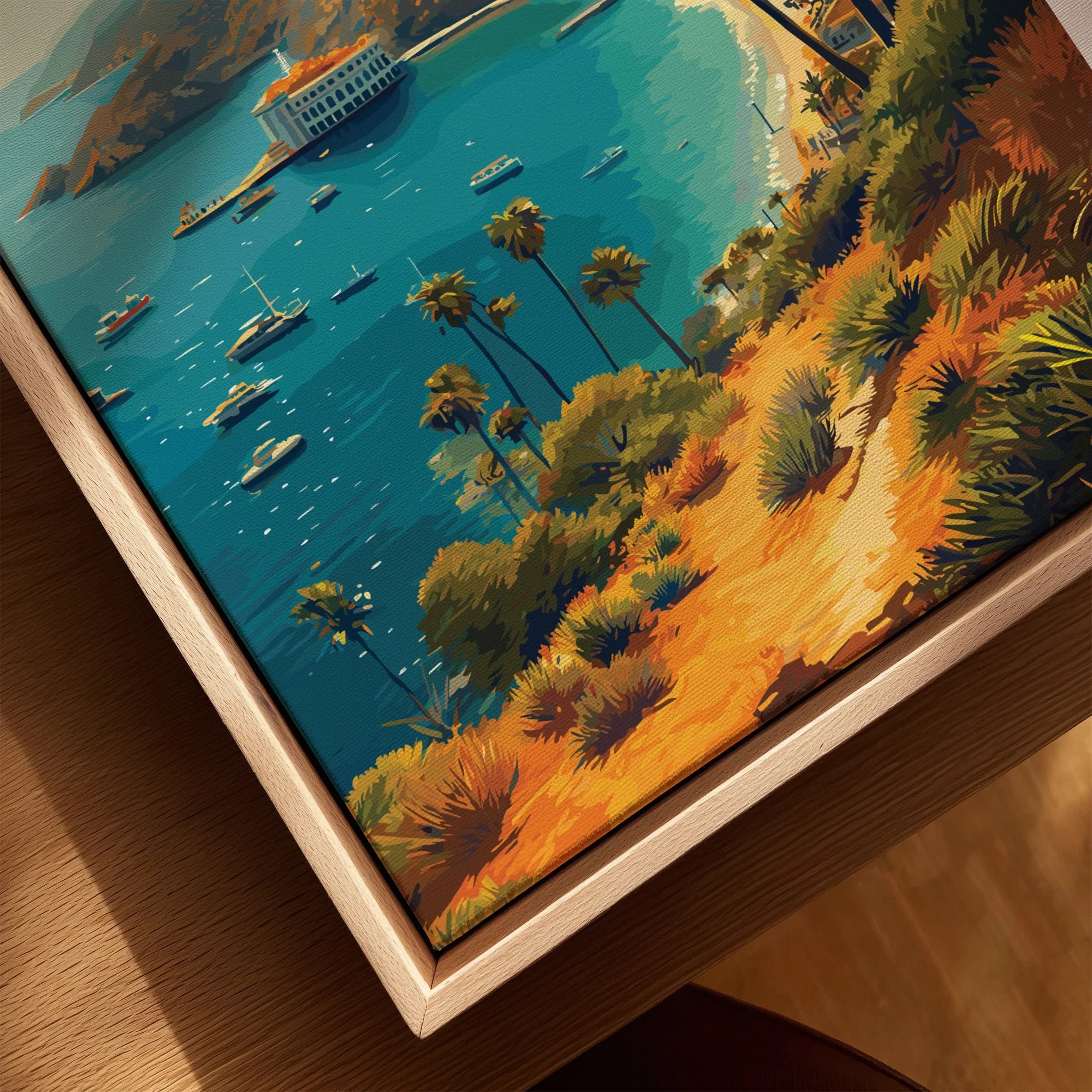 Closeup of Catalina Island art print with palm trees, boats, and blue ocean in natural wood frame