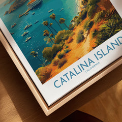 Catalina Island travel poster print in a natural wood floating frame, coastal wall art
