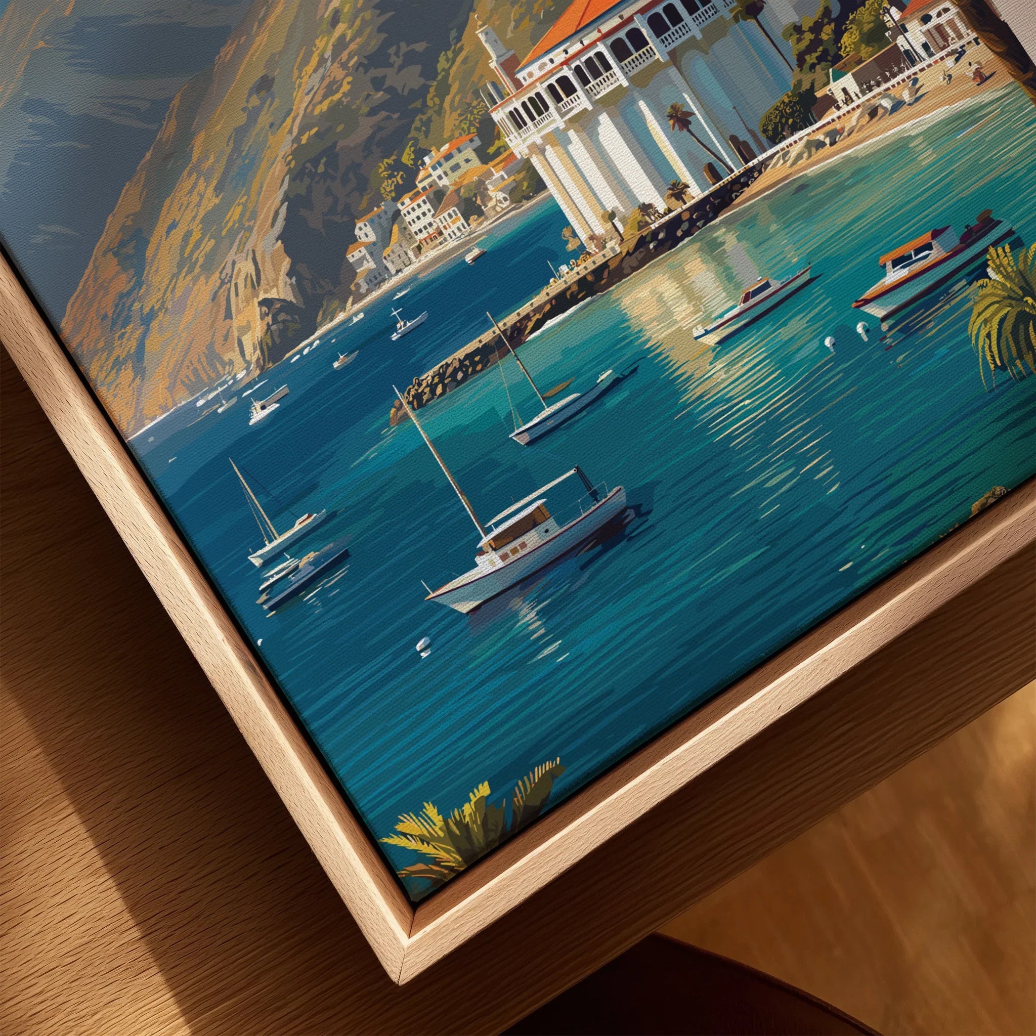 Framed canvas print of Catalina Island harbor with boats and classic waterfront buildings