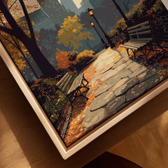 Closeup of framed Central Park wall art print with autumn trees, benches, and city skyline