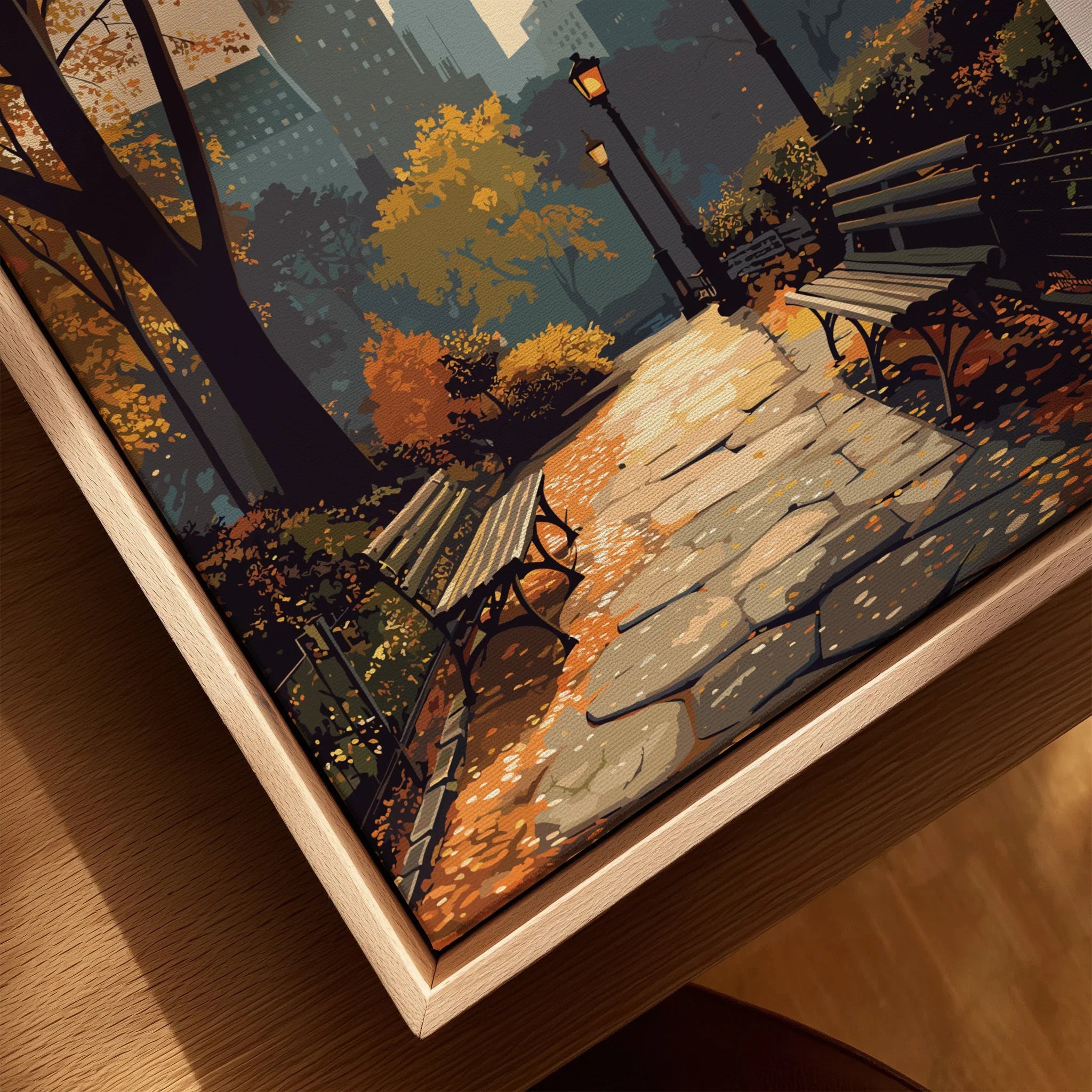 Closeup of framed Central Park wall art print with autumn trees, benches, and city skyline