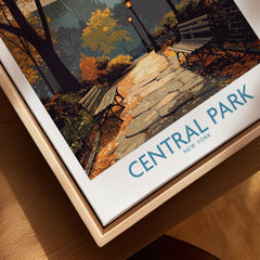 Central Park New York art print with autumn pathway in natural wood floating frame
