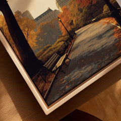 Close-up of framed canvas wall art featuring a Central Park autumn scene with benches and trees.