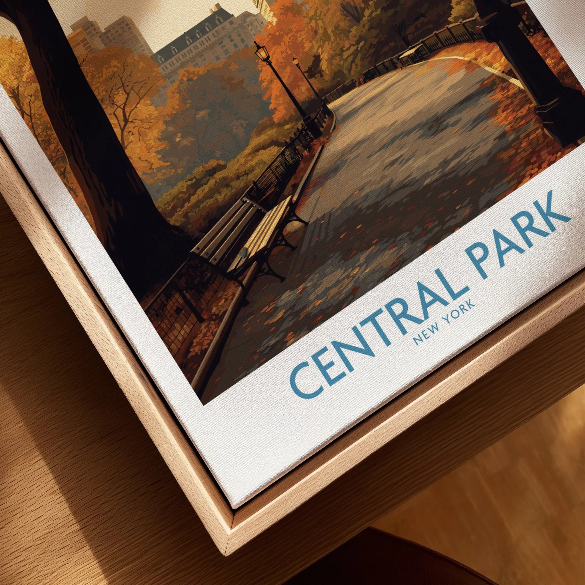 Closeup of Central Park New York art print in natural wood floating frame, autumn scene