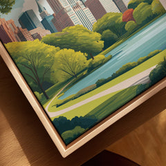 Closeup of framed canvas art featuring Central Park with green trees, lake, city skyline