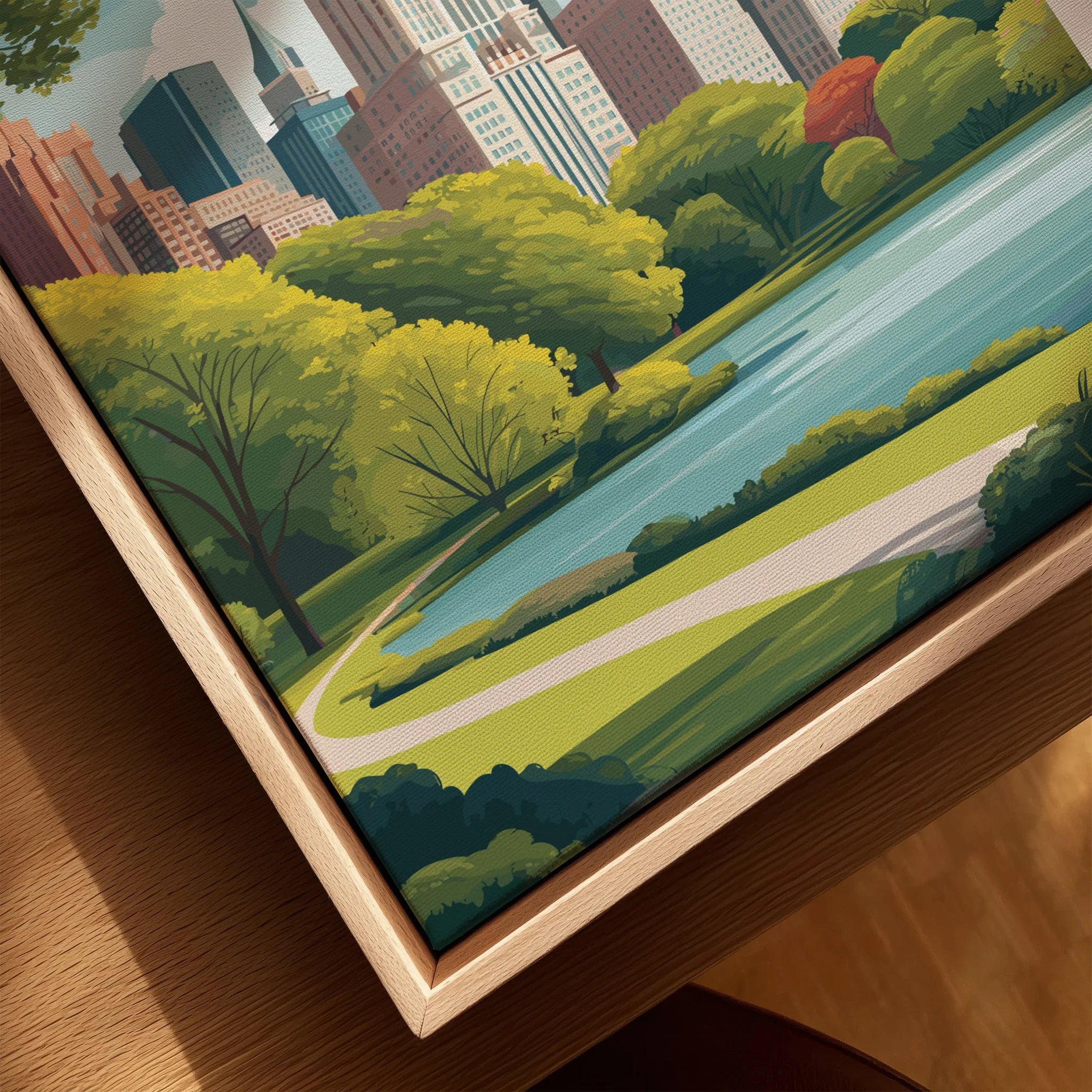 Closeup of framed canvas art featuring Central Park with green trees, lake, city skyline