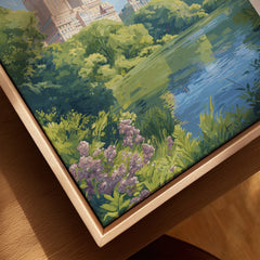 Close-up of Central Park landscape canvas print with natural wood floating frame