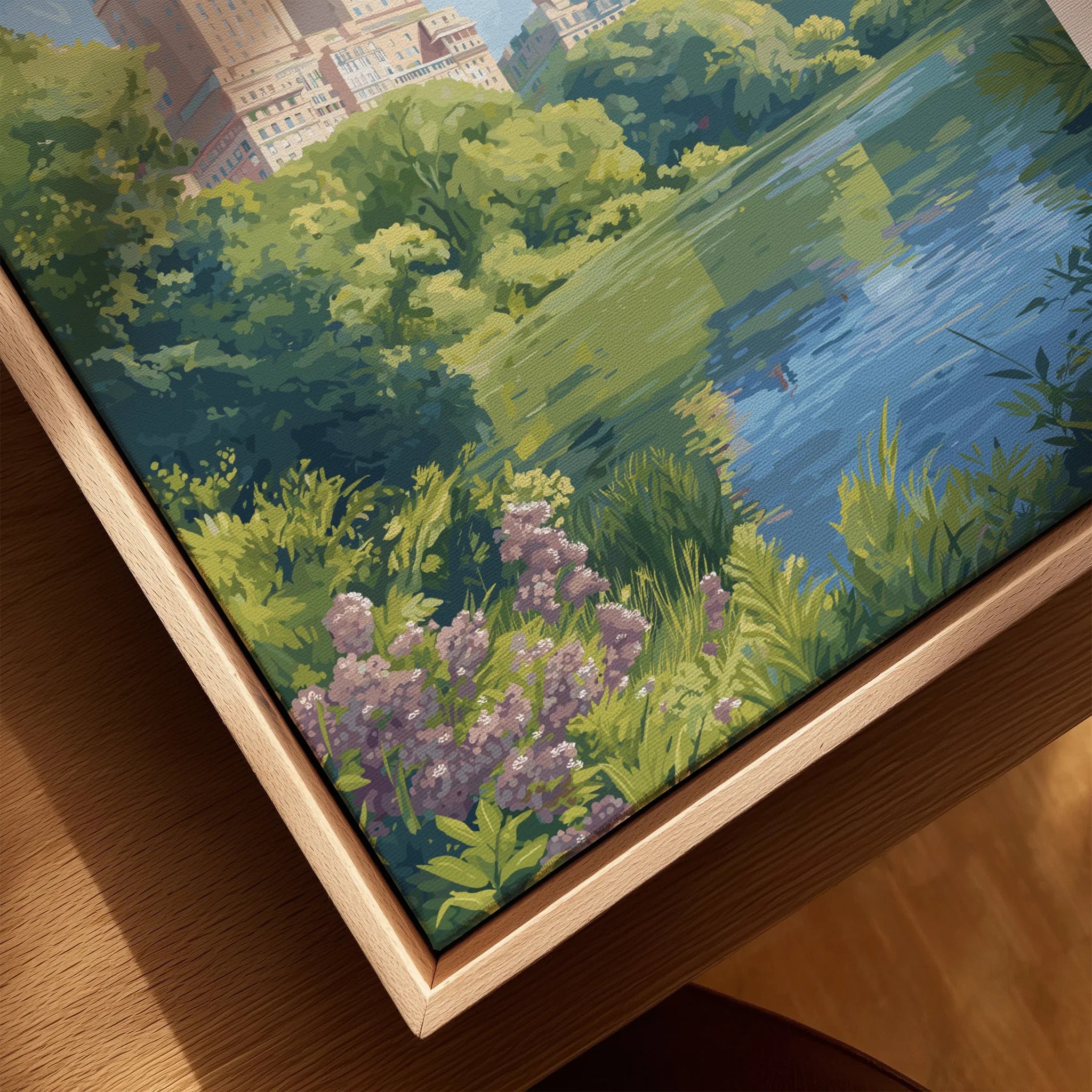 Close-up of Central Park landscape canvas print with natural wood floating frame