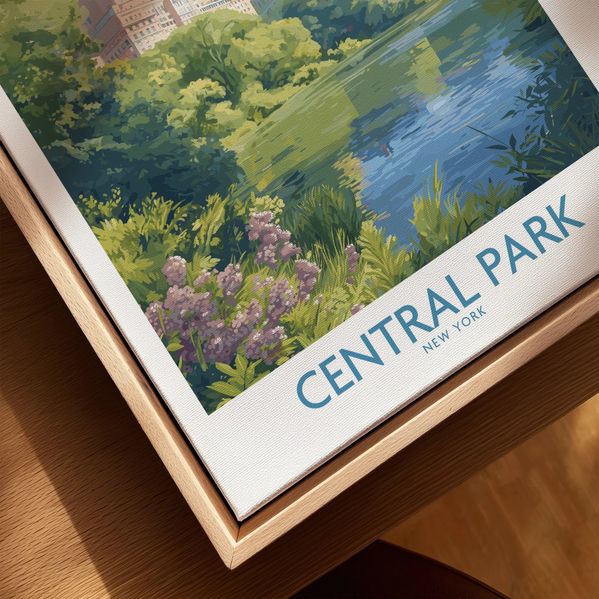 Close-up of Central Park New York wall art print with natural wood floating frame