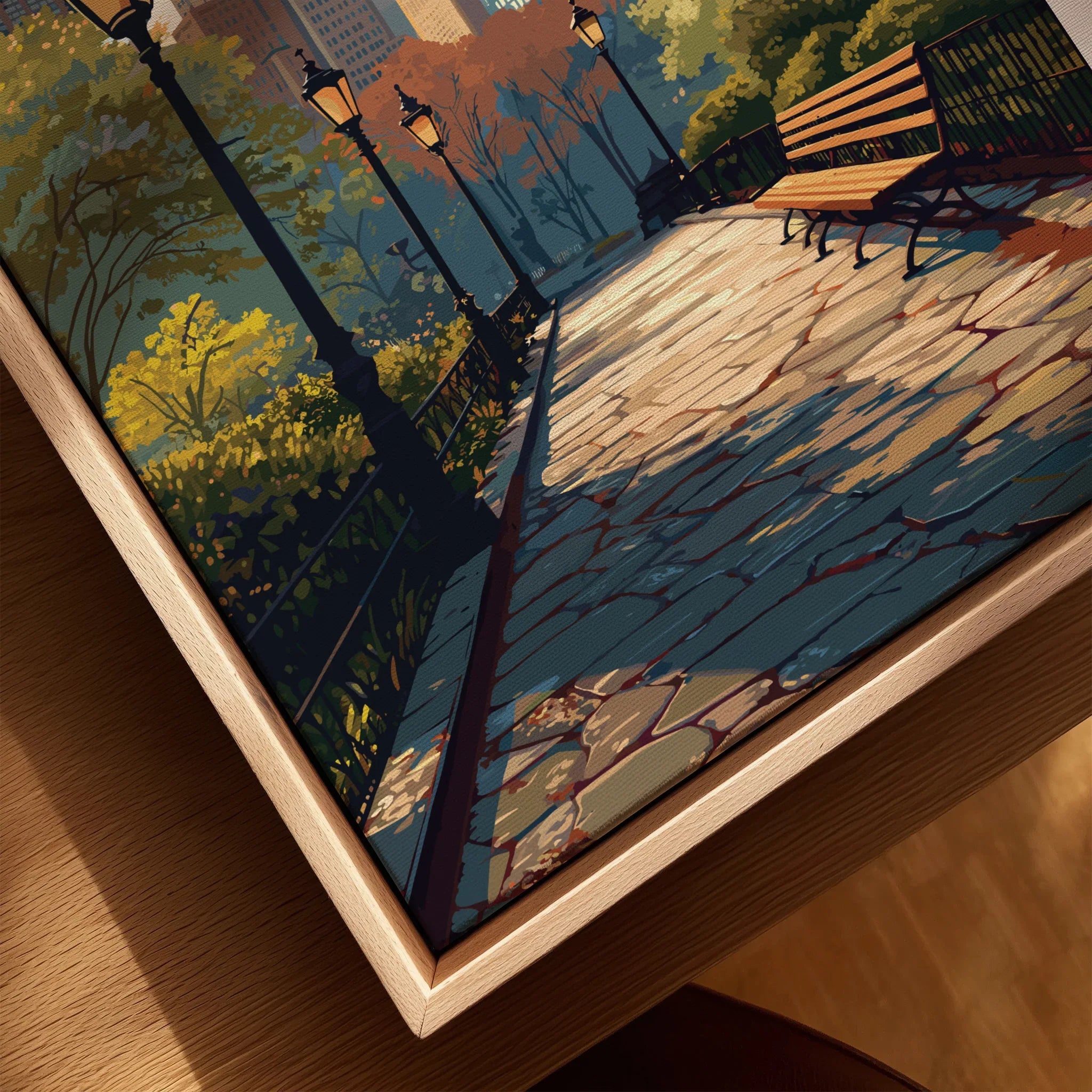 Framed canvas print of Central Park pathway with bench, lamp posts, and autumn trees