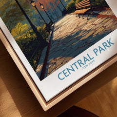 Framed canvas wall art featuring a Central Park New York travel print in natural wood frame