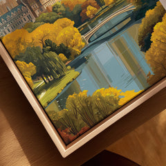 Framed canvas wall art of Central Park bridge and lake with autumn trees in natural wood frame
