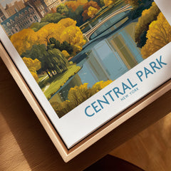 Framed canvas closeup of Central Park New York travel poster with autumn trees and pond.