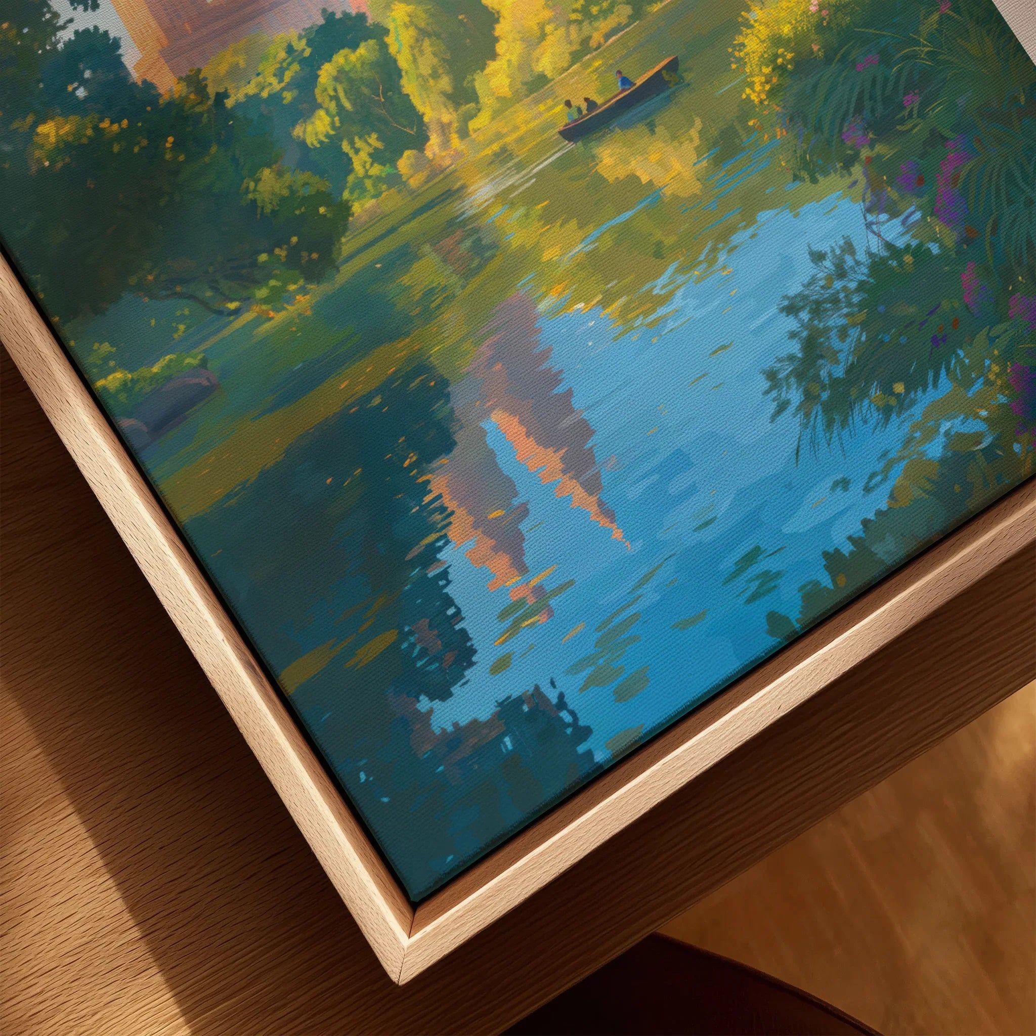 Close-up of Central Park wall art print with natural wood floating frame, showing serene lake view with people in a rowboat and lush greenery.