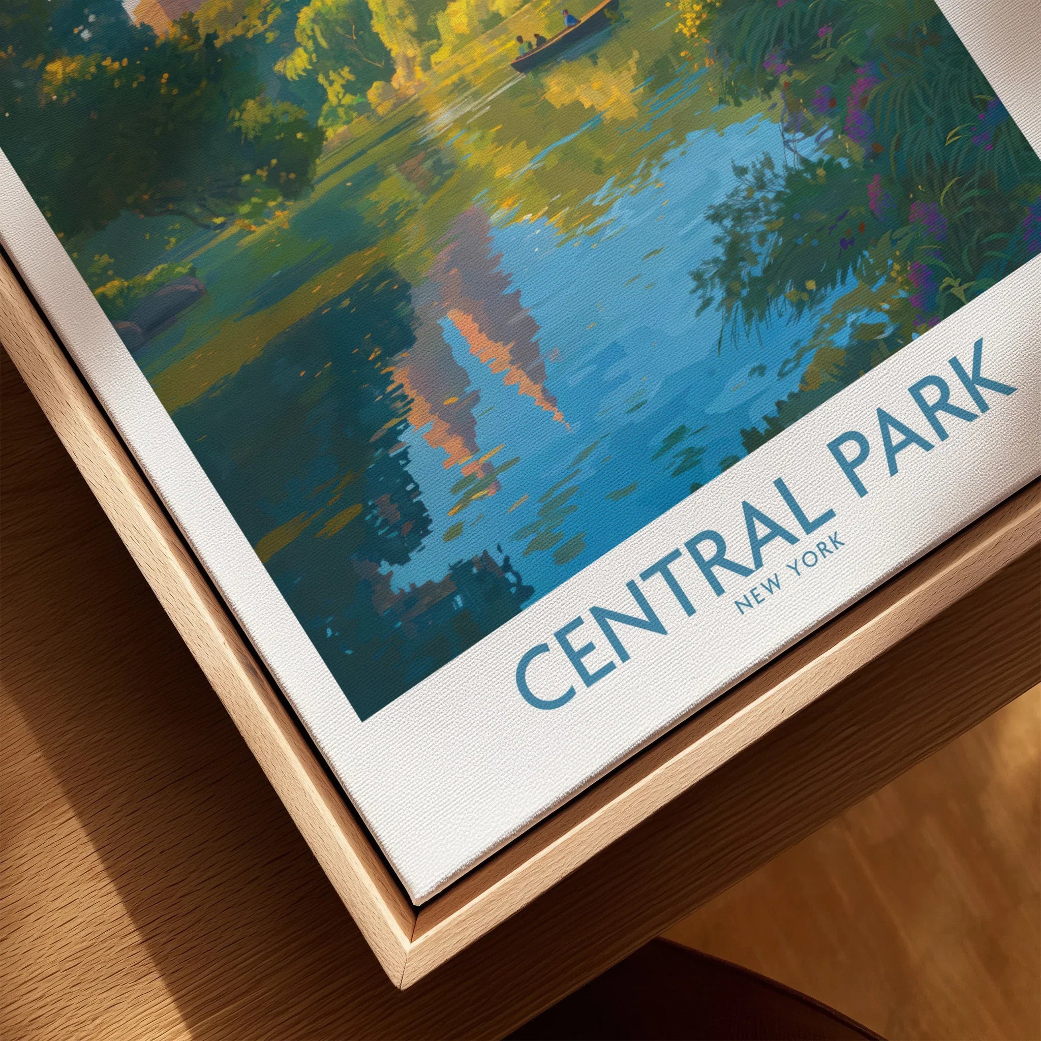 Central Park New York art print close-up in natural wood floating frame, lake and cityscape scene