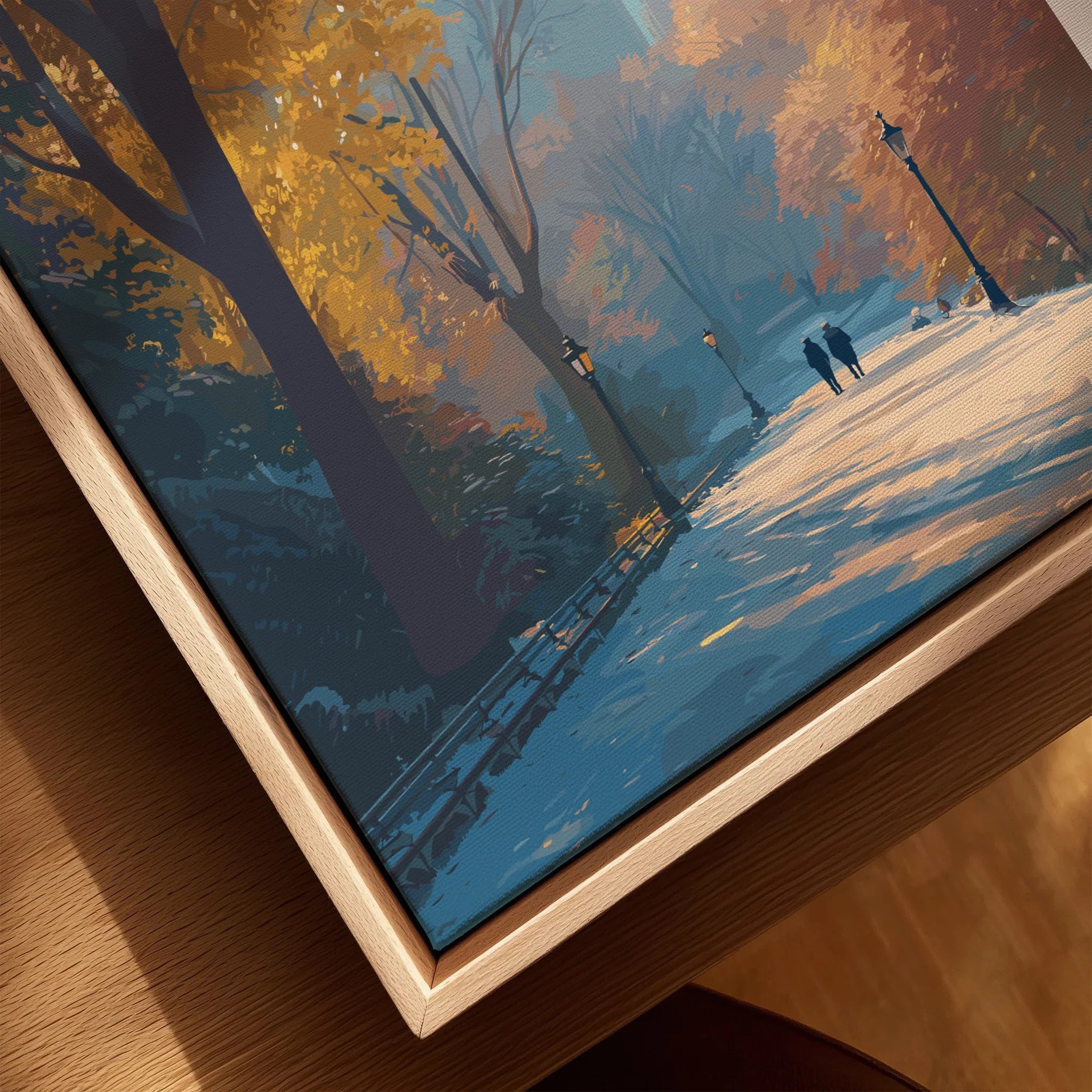Framed canvas wall art of Central Park pathway with autumn trees and two people walking