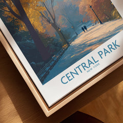 Close-up of Central Park New York framed canvas art print with autumn scene.