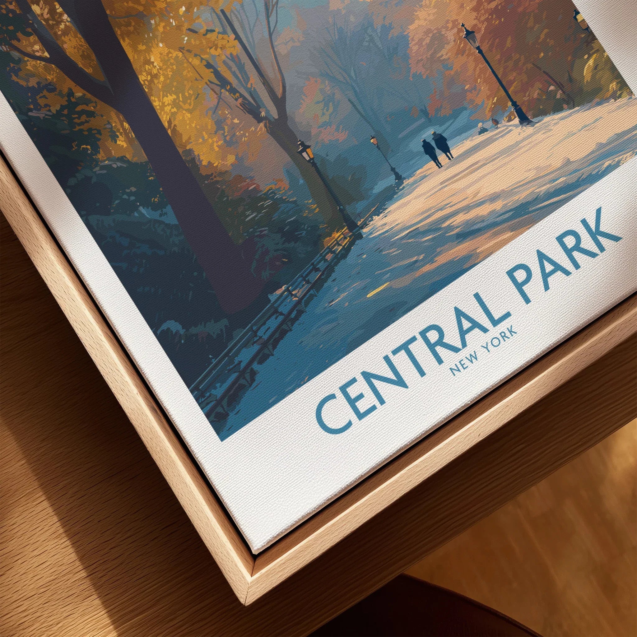 Close-up of Central Park New York framed canvas art print with autumn scene.