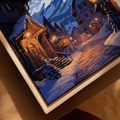 Chamonix Poster depicting a snowy evening in a charming ski resort village with illuminated lanterns.