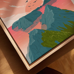 Closeup of framed canvas art with colorful landscape and modern natural wood floating frame.
