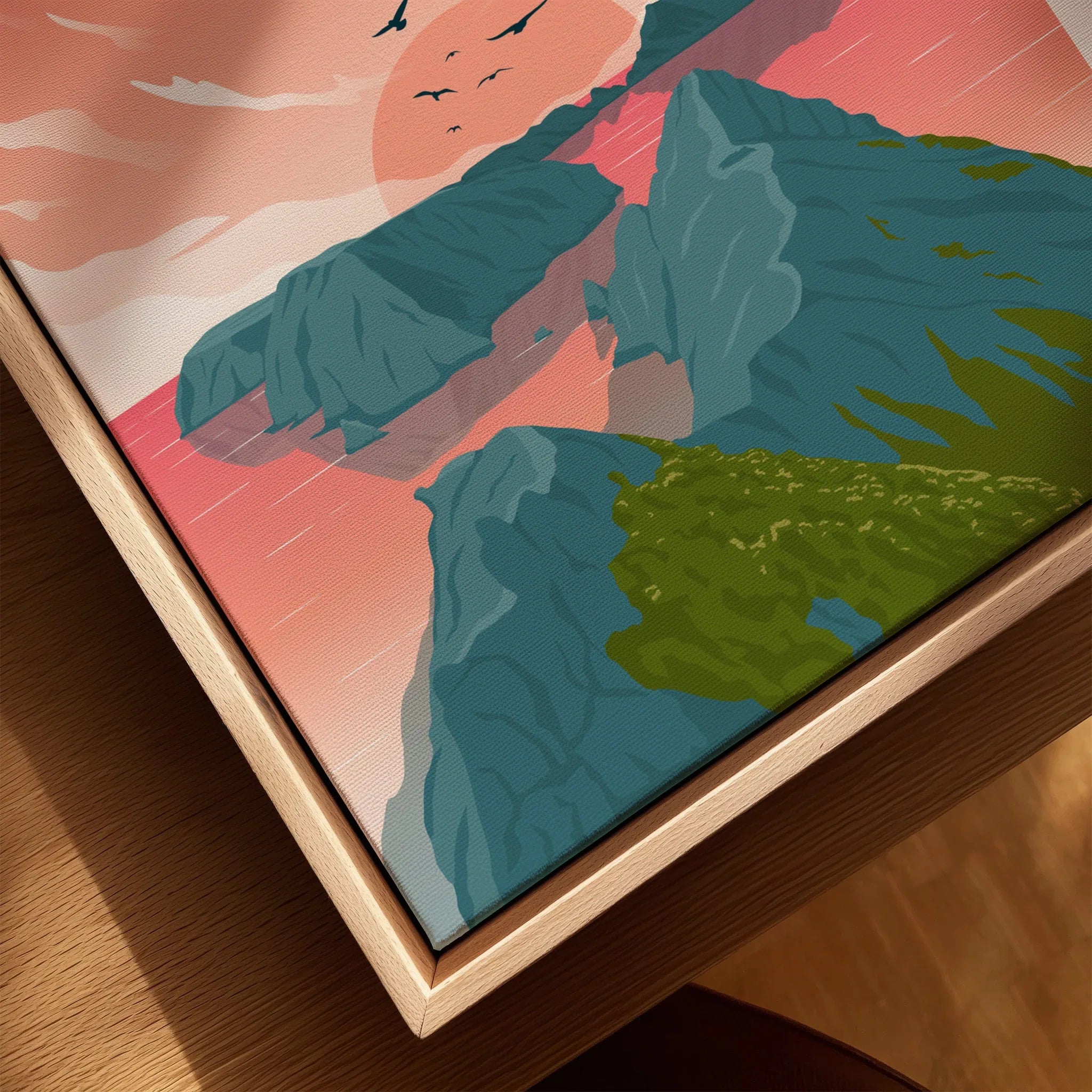 Closeup of framed canvas art with colorful landscape and modern natural wood floating frame.