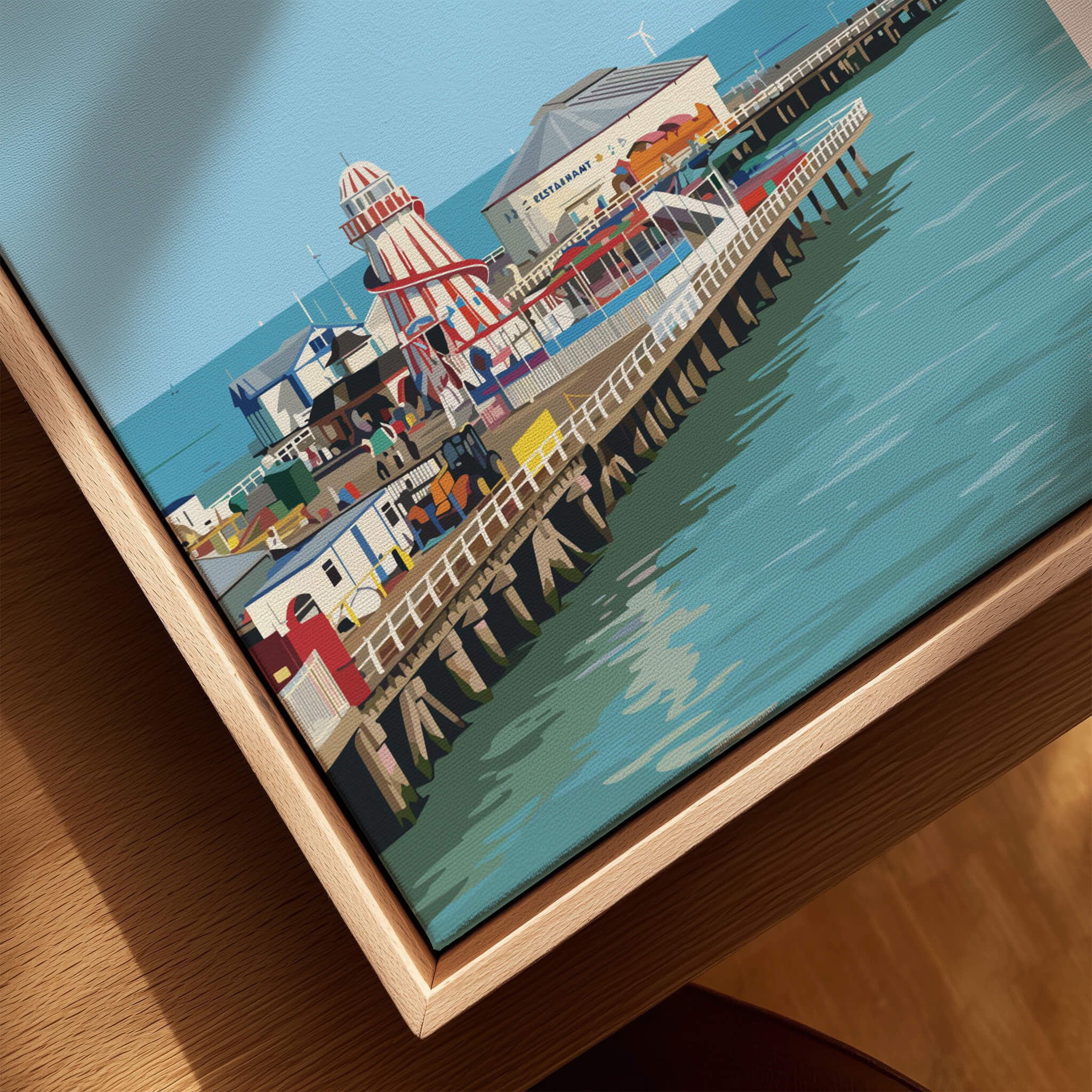 Clacton-on-Sea Travel Poster – Historic Pier Art Print showcasing the iconic pier with colorful buildings and seaside charm.