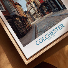 Colchester England travel poster in natural wood floating frame, closeup on canvas wall art