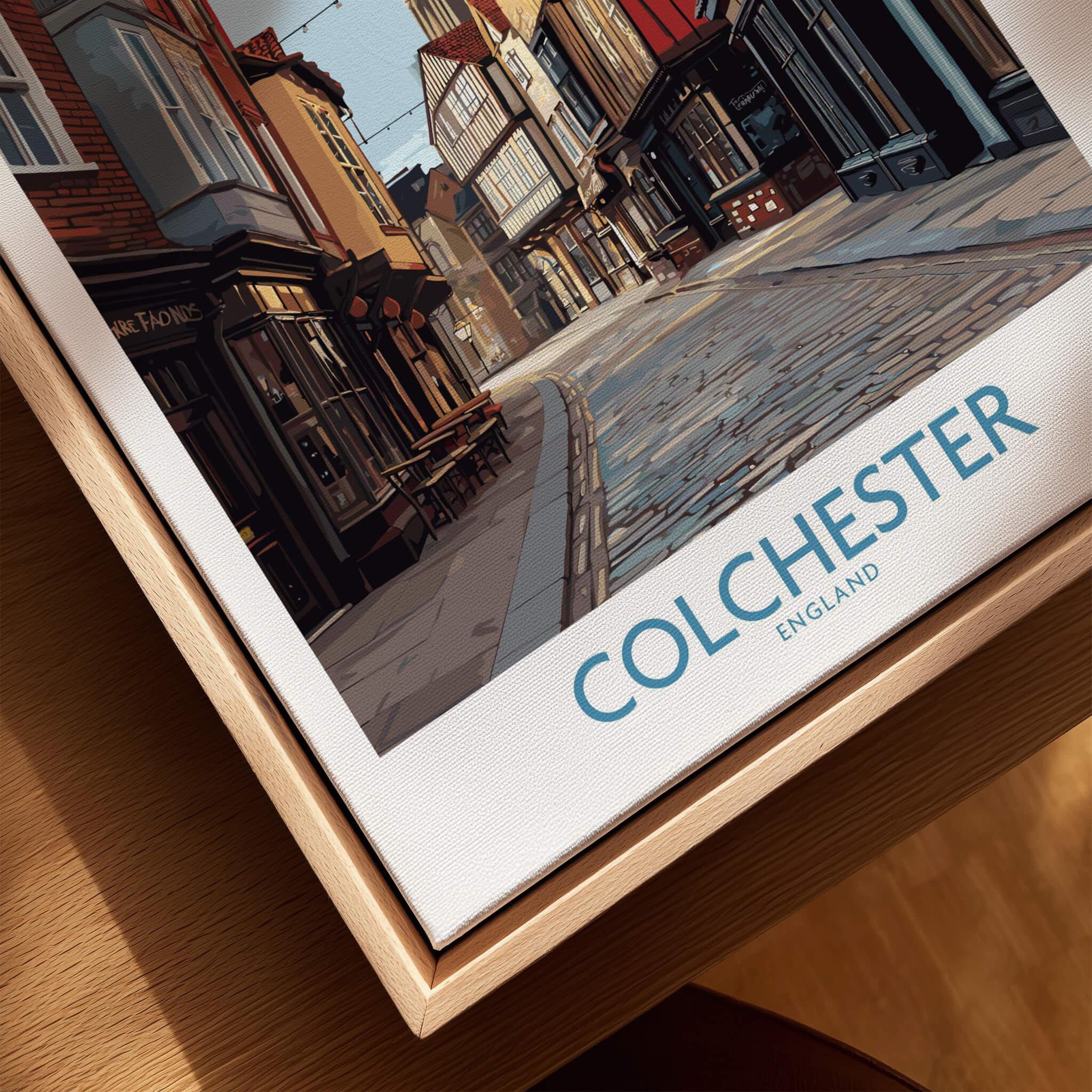 Colchester England travel poster in natural wood floating frame, closeup on canvas wall art