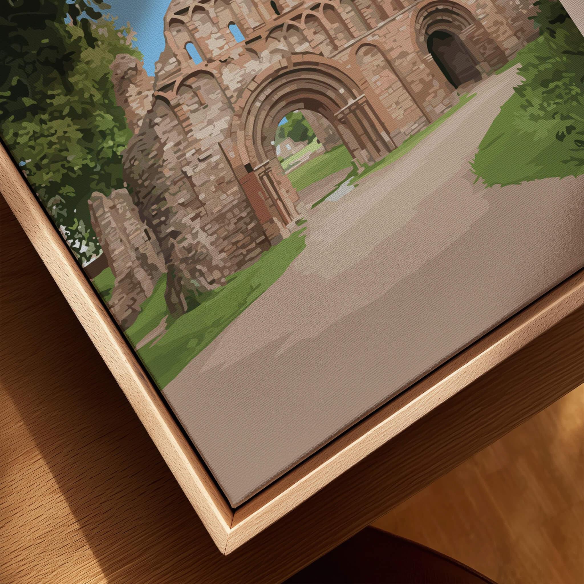 Close-up of framed canvas wall art featuring a historic stone archway with natural wood frame