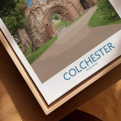 Colchester England travel poster close-up in natural wood floating frame, rustic wall art